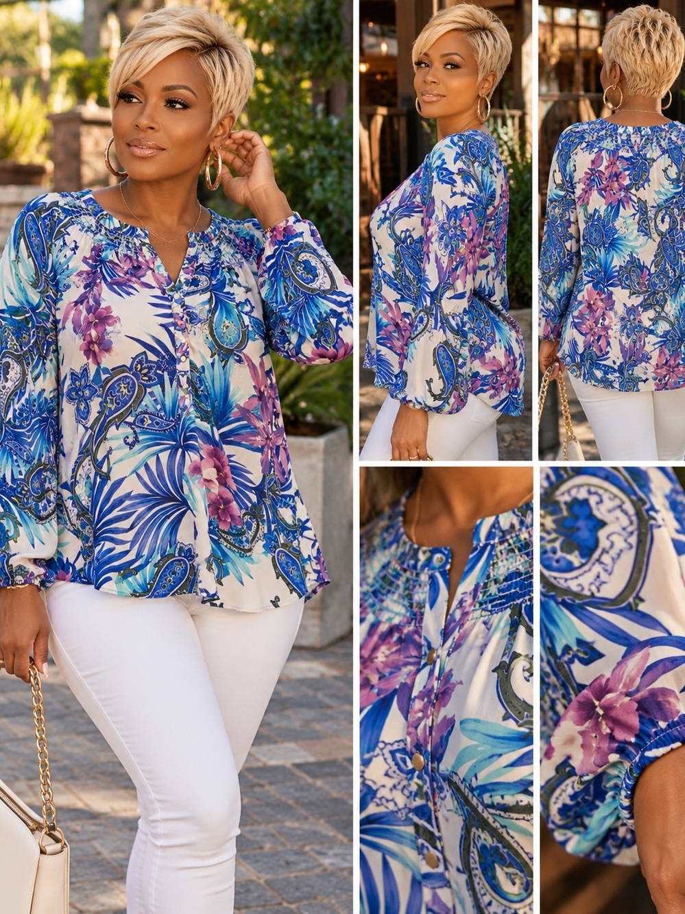 Investments Blue Purple Floral Paisley Long-Sleeve Blouse